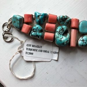 Turquoise and coral cuff bracelet